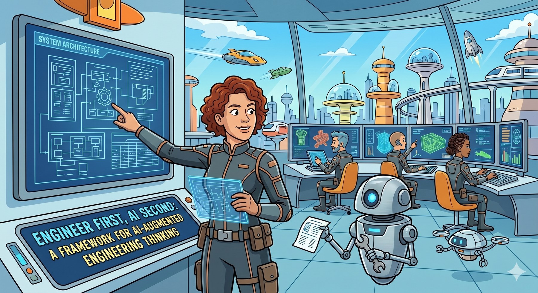 Engineer first, AI second: an illustration of an engineering educator in front of a system architecture diagram with an AI assistant and students at work, captioned as a framework for AI-augmented engineering thinking