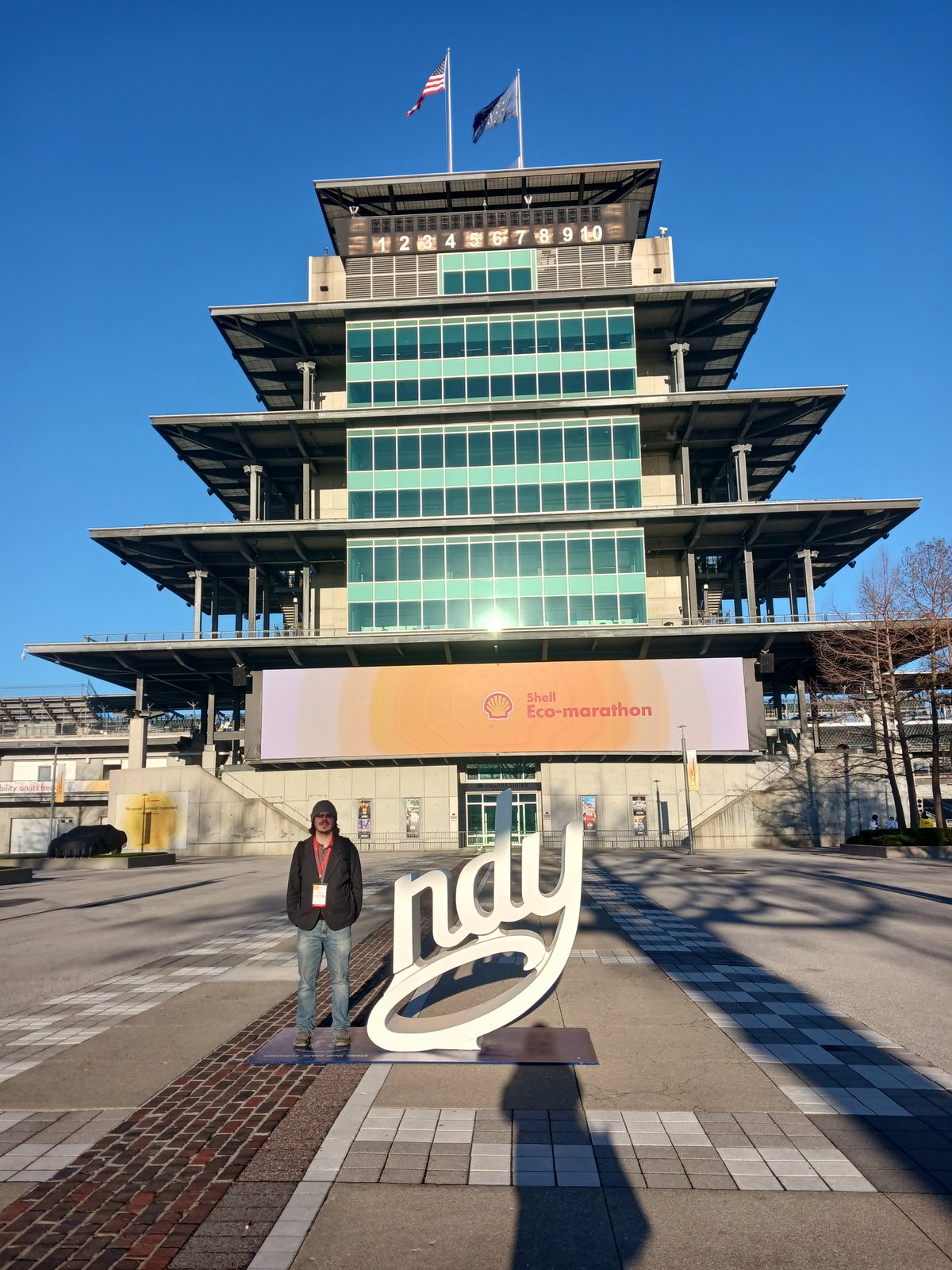 Shell Eco-marathon team at the Indianapolis Motor Speedway pagoda